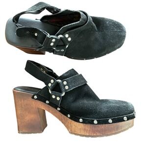 Korks Womens Black Suede Harness Slingback Platform Clogs Size 9M flaw